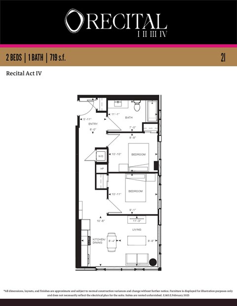 A floor plan for a 2 bedroom, 1 bathroom apartment.